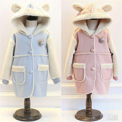 秋冬新款韩版女童外套鹿皮绒拼接羊羔绒大衣